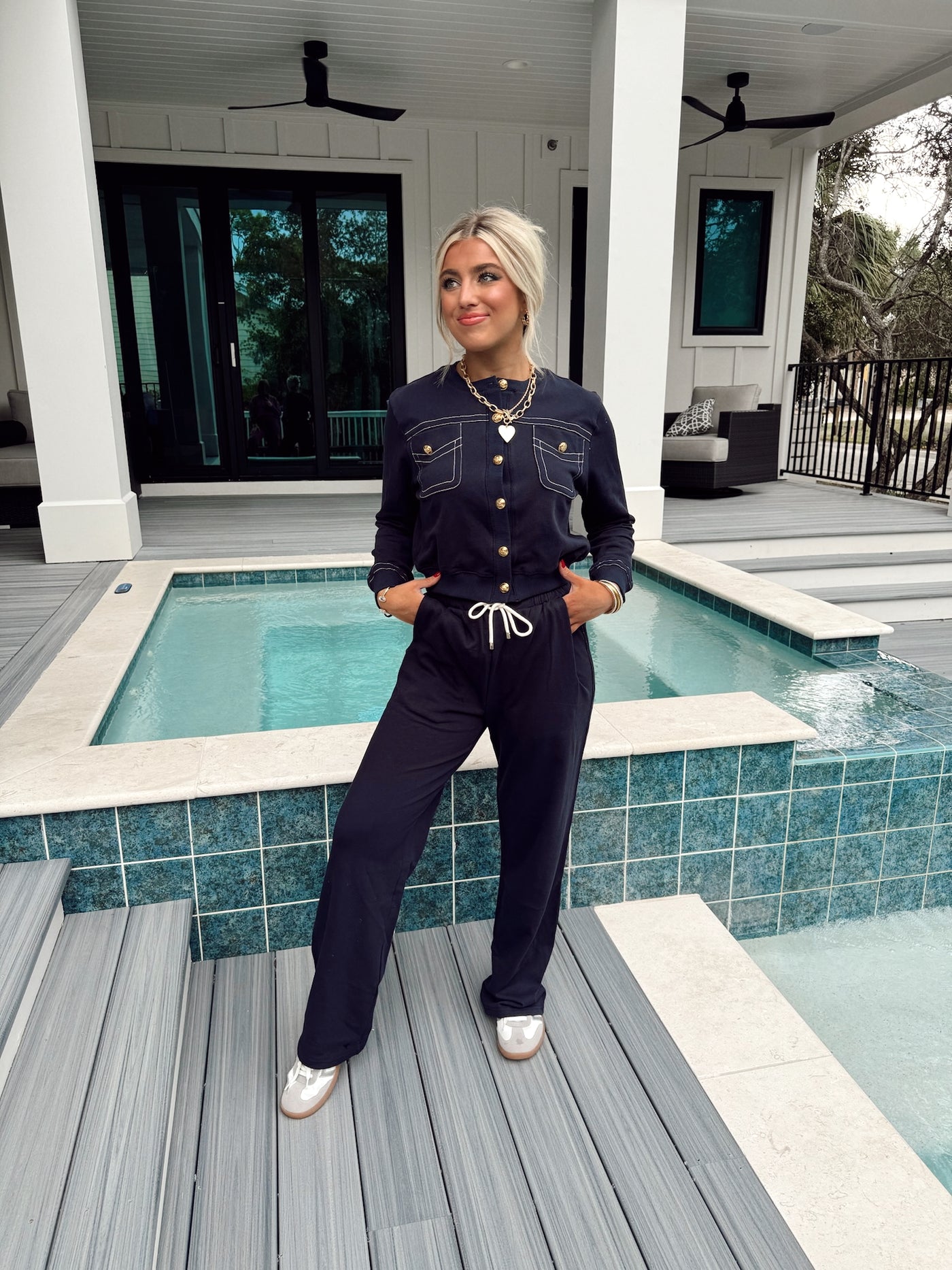 Navy Button Up Comfy Long Sleeve Top and Pant Set