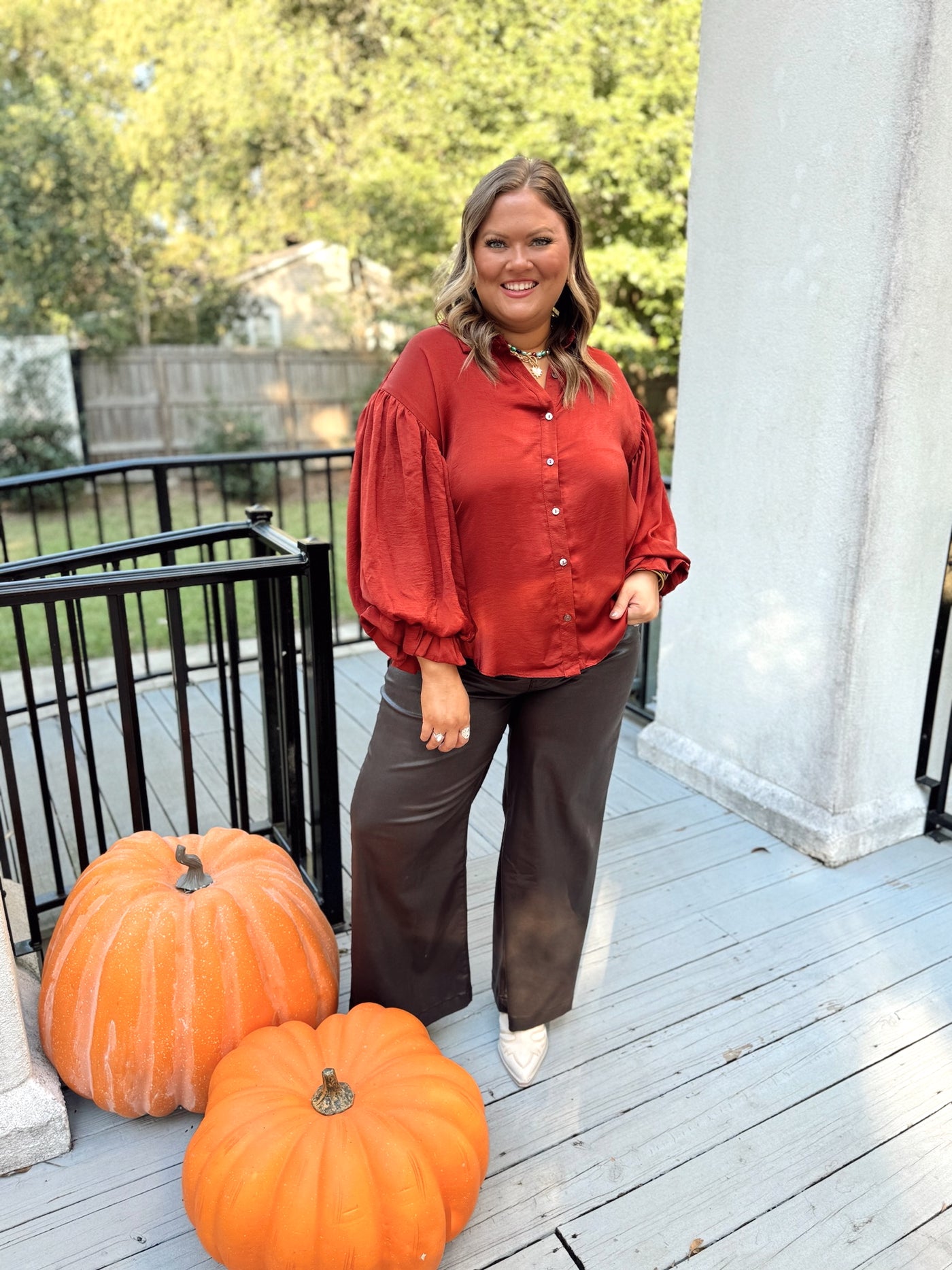 Rust Balloon Sleeve Button Down Collared Blouse