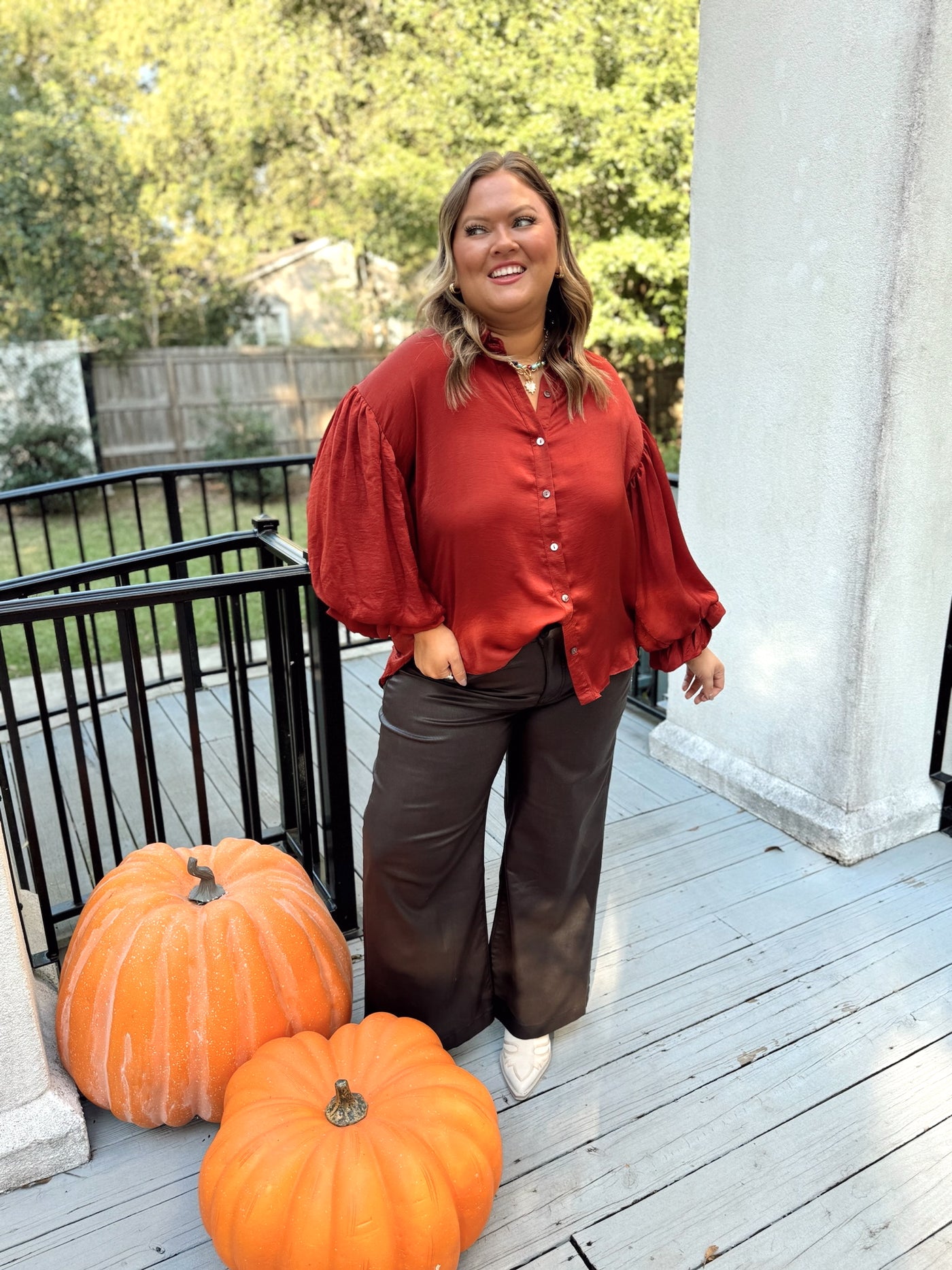 Rust Balloon Sleeve Button Down Collared Blouse