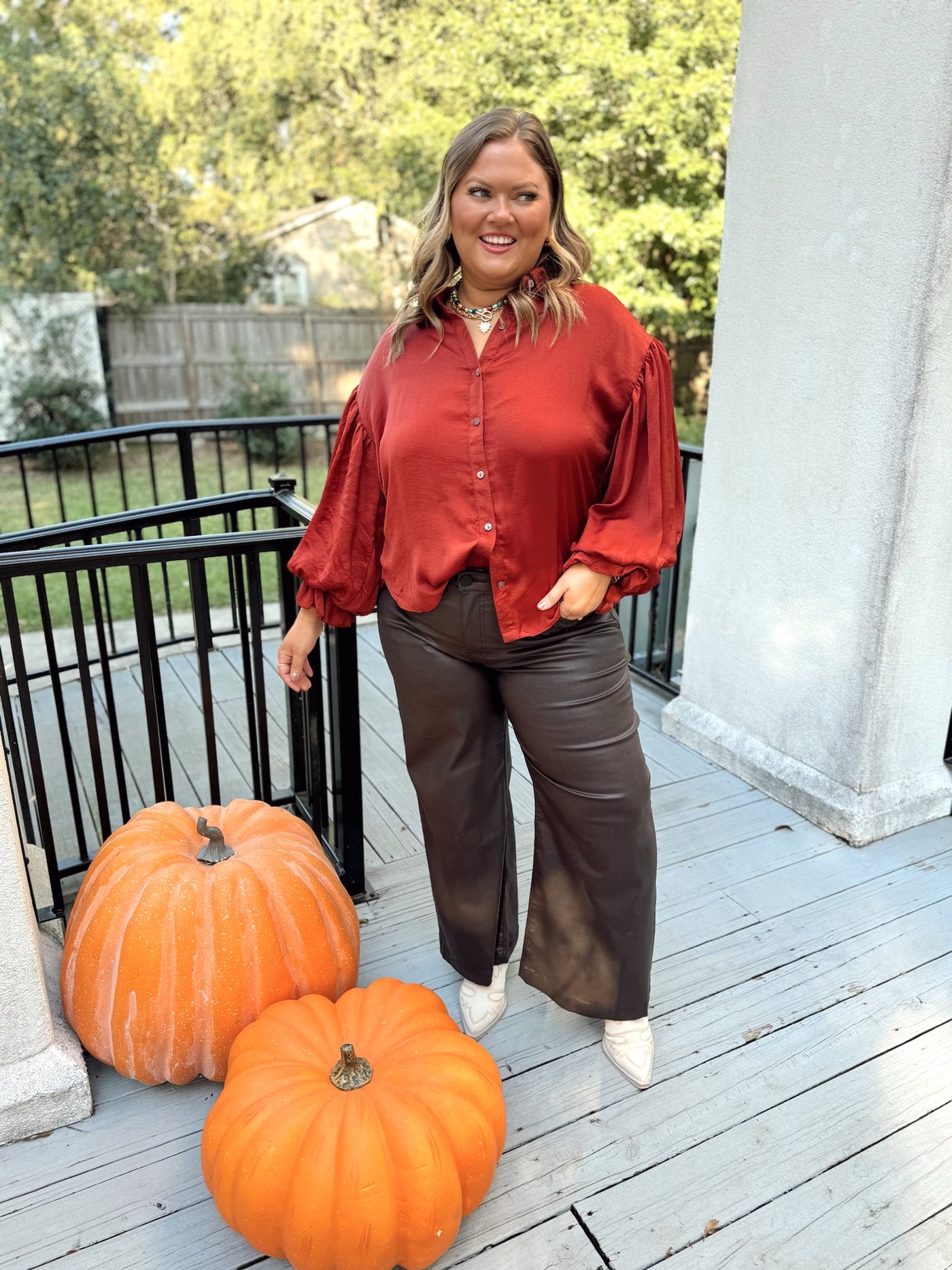 Rust Balloon Sleeve Button Down Collared Blouse