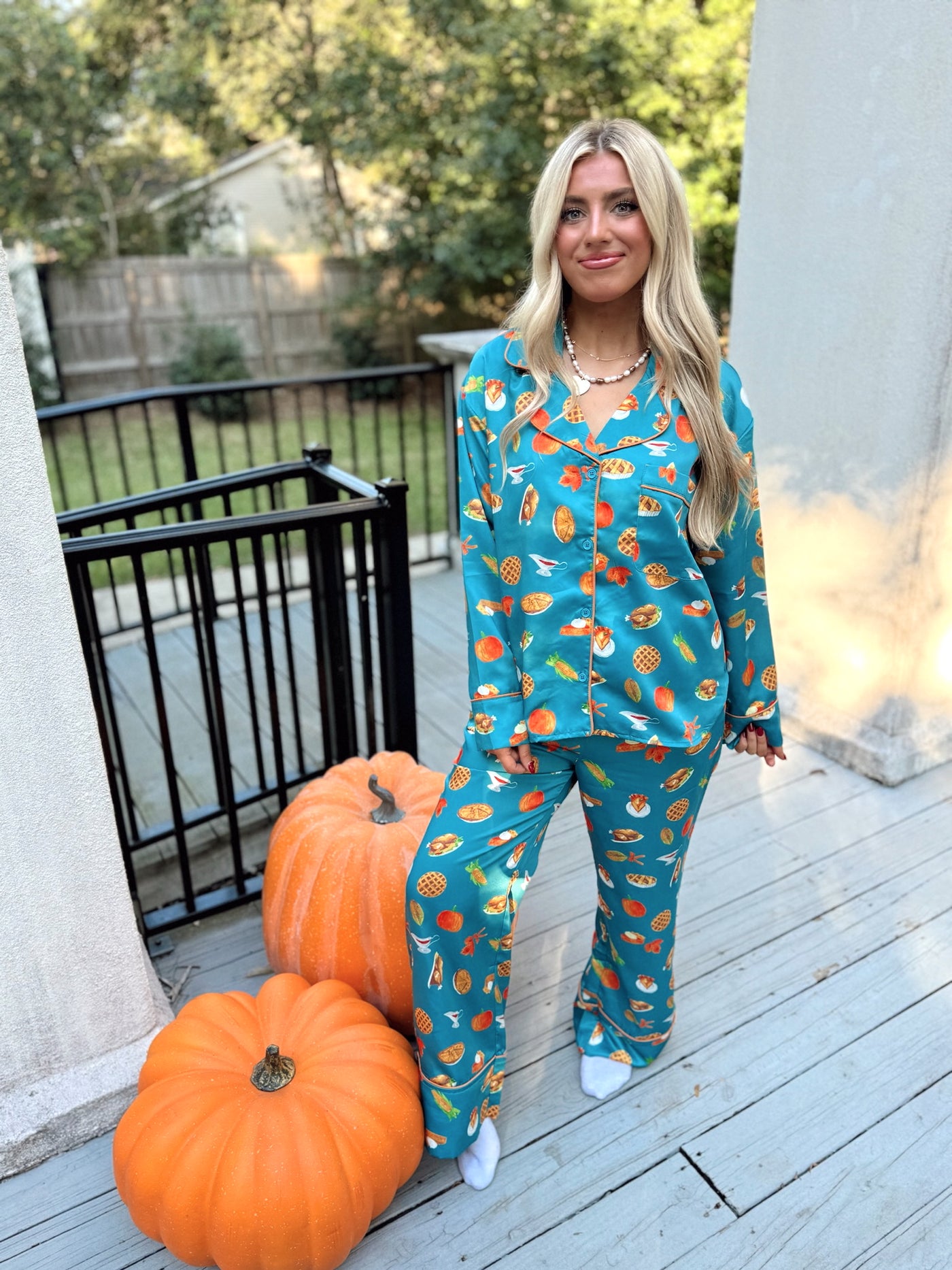 Teal Multi Thanksgiving Dinner Pajama Set