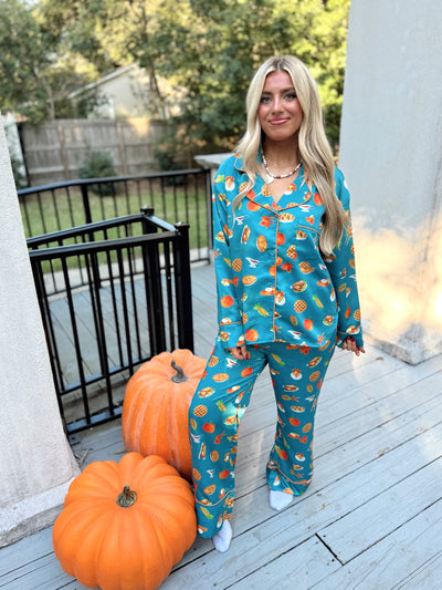 Teal Multi Thanksgiving Dinner Pajama Set