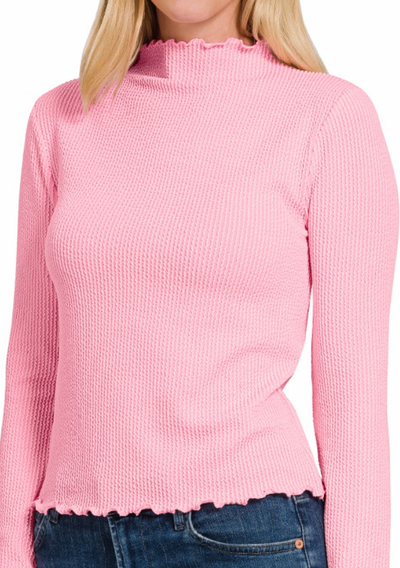 Ribbed Ultra Soft Lettuce Edge Mock Neck Top