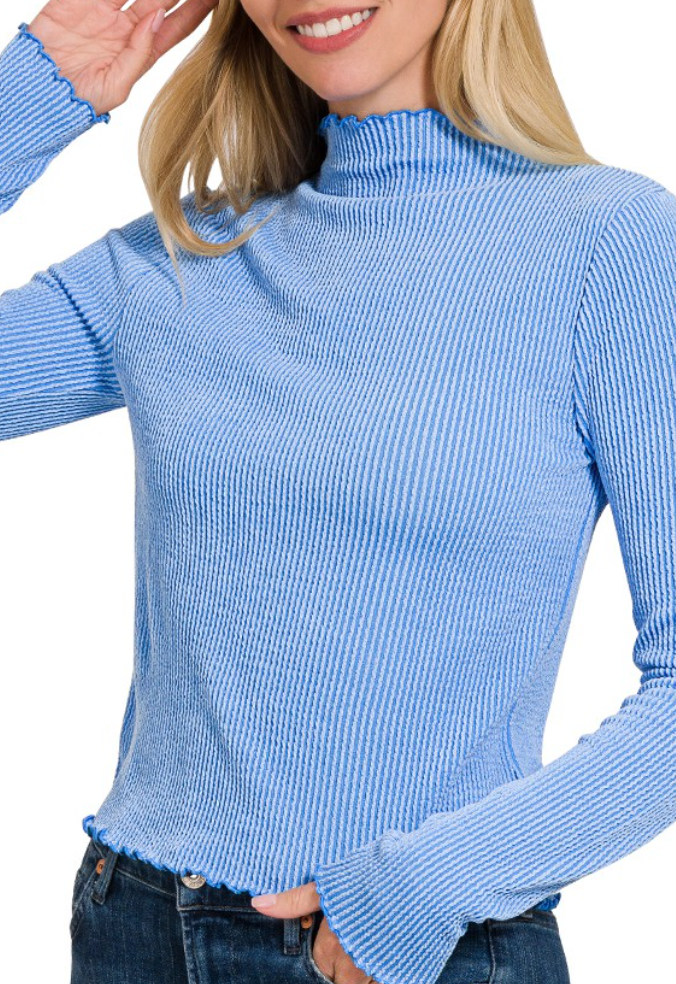 Ribbed Ultra Soft Lettuce Edge Mock Neck Top