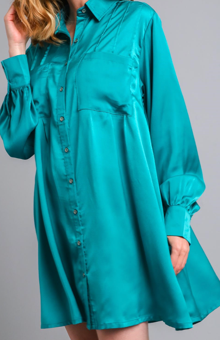 Teal Satin Button Down Shirt Dress