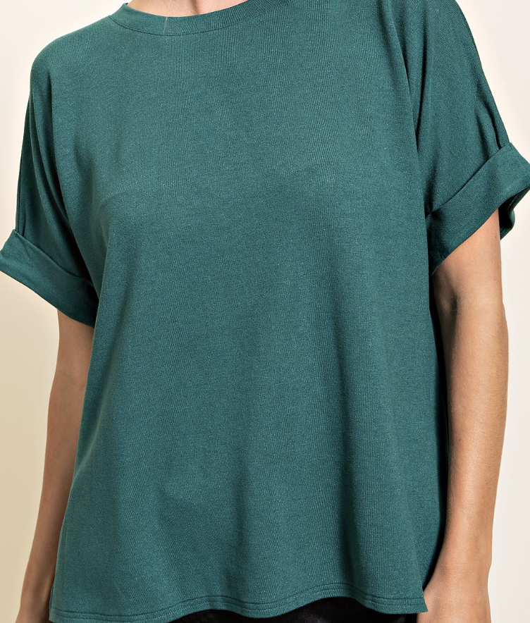 Hunter Green Cuff Sleeve Knit Tee