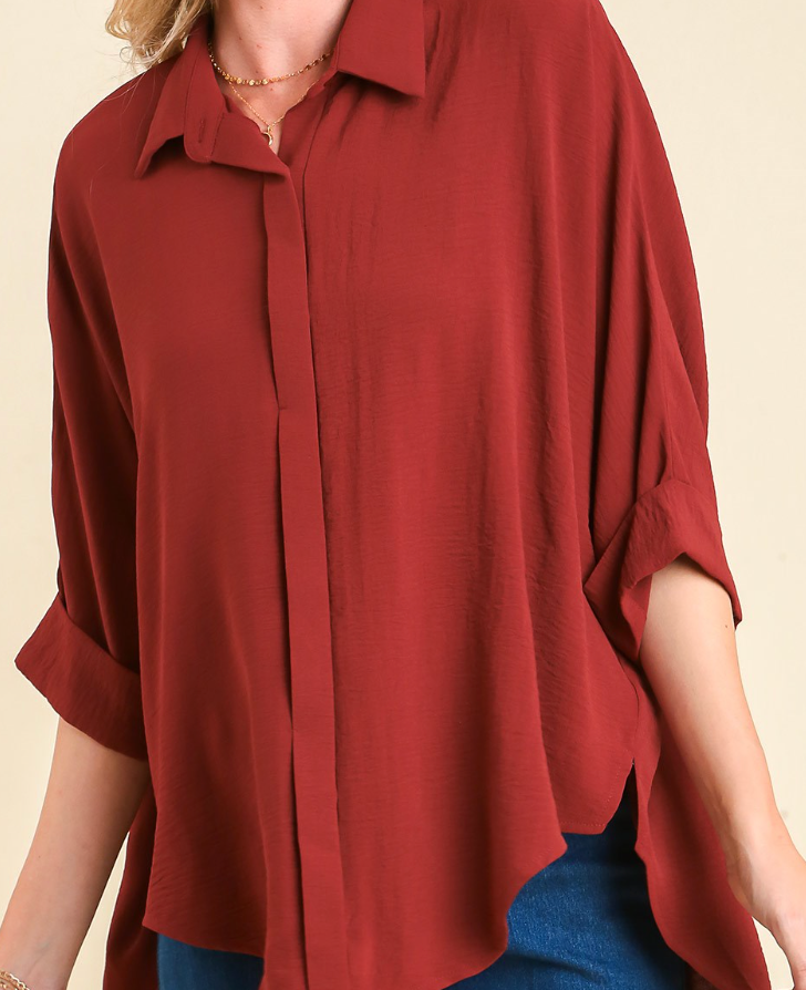 Red Brown Oversized 3/4 Folded Sleeve Button Down Top