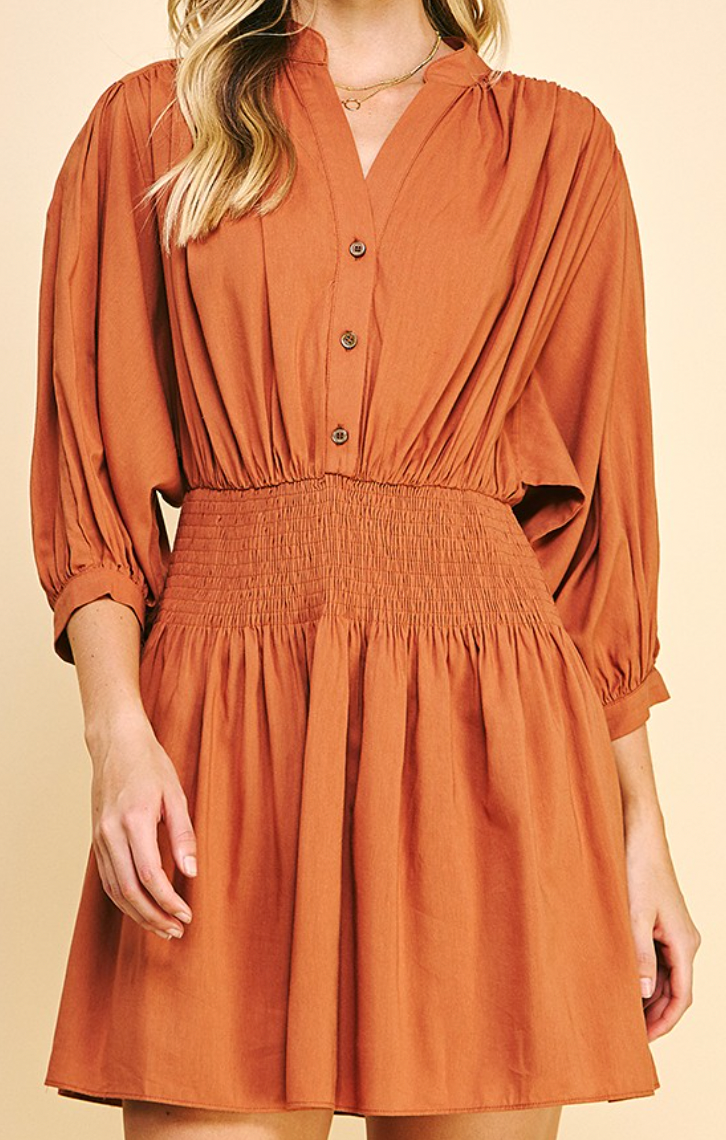 Pumpkin Button Detail Smocked Dress