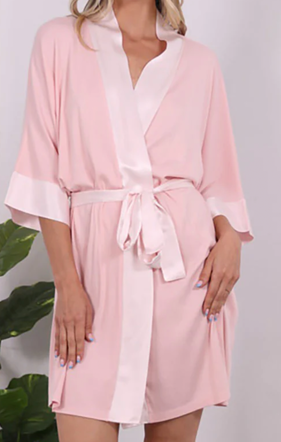 Pj Dreamwear Rib Knit Camono Robe With Satin Belt And Trim - Blush