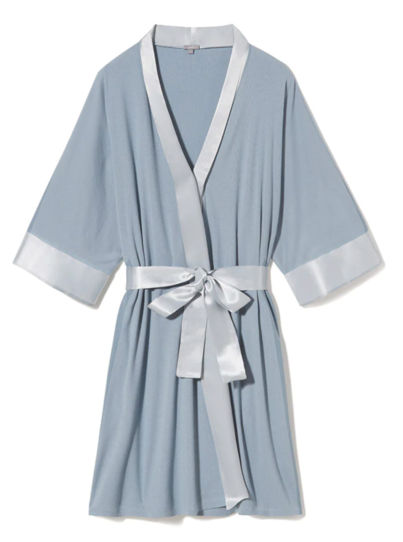 Pj Dreamwear Rib Knit Camono Robe With Satin Belt And Trim - Morning Blue