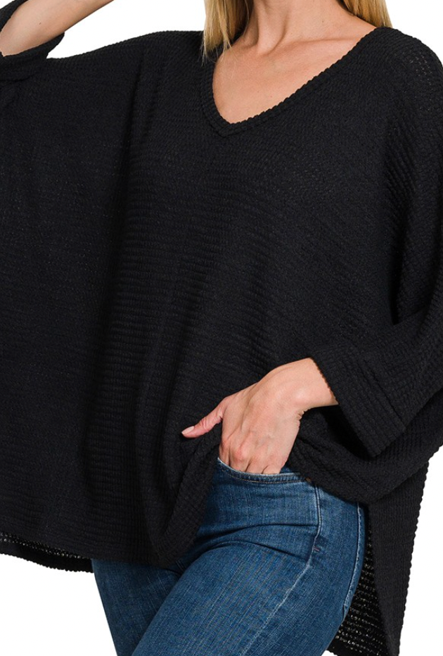 Waffle Knit V-Neck Oversized Drop Shoulder Cuff Tee