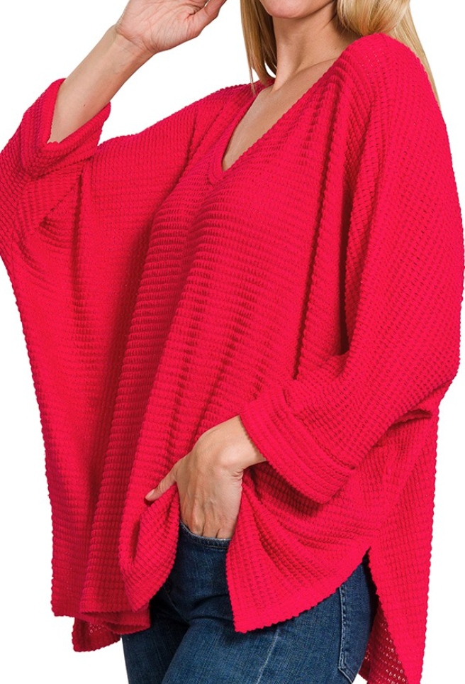 Waffle Knit V-Neck Oversized Drop Shoulder Cuff Tee