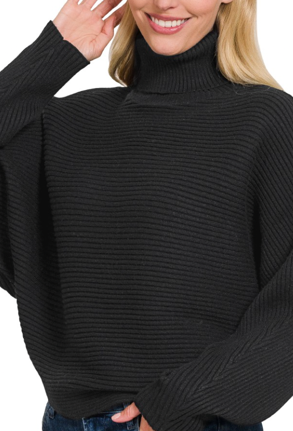 Ribbed Knit Oversized Dolman Sleeve Turtleneck Sweater