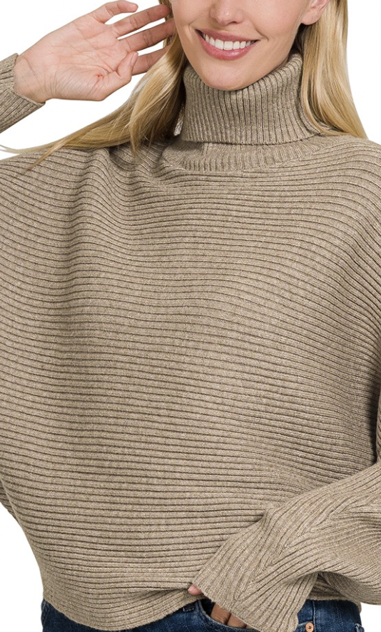 Ribbed Knit Oversized Dolman Sleeve Turtleneck Sweater