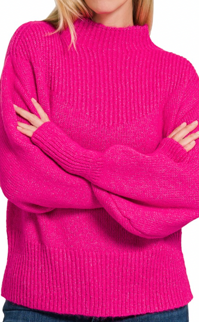 Contrast Knit Mock Neck Balloon Sleeve Sweater