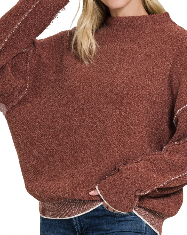 Chenille Exposed Seam Mock Neck Sweater