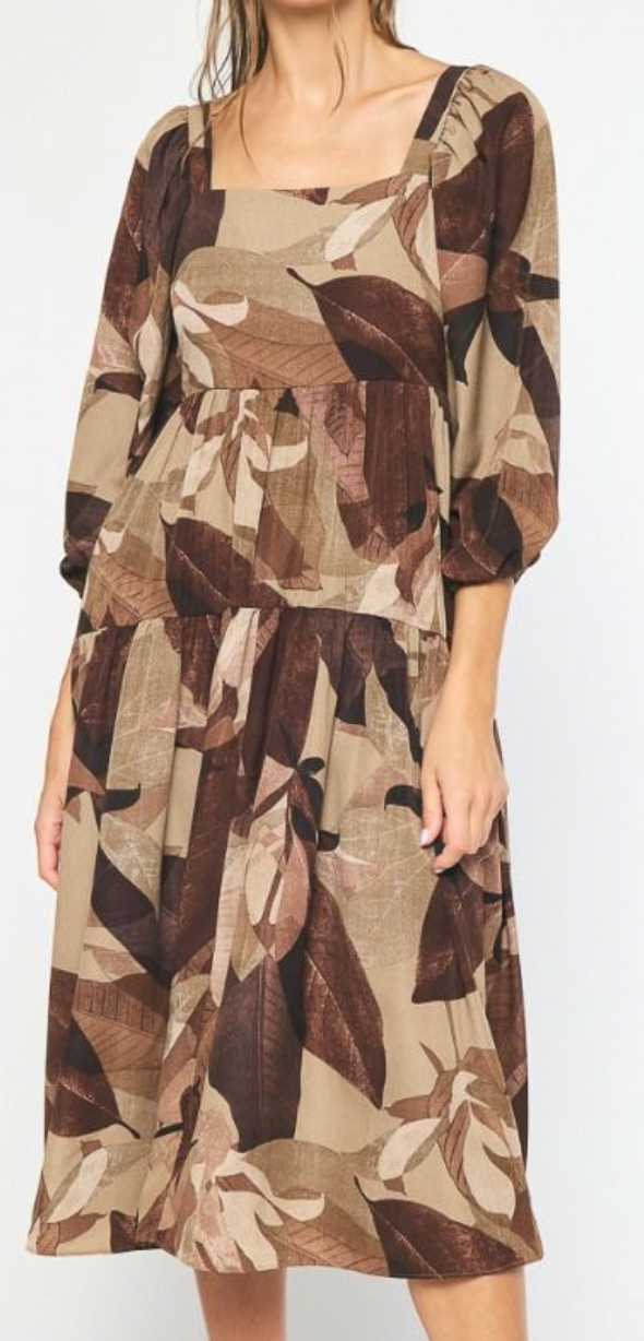 Mocha Tropical Bubble Sleeve Midi Dress