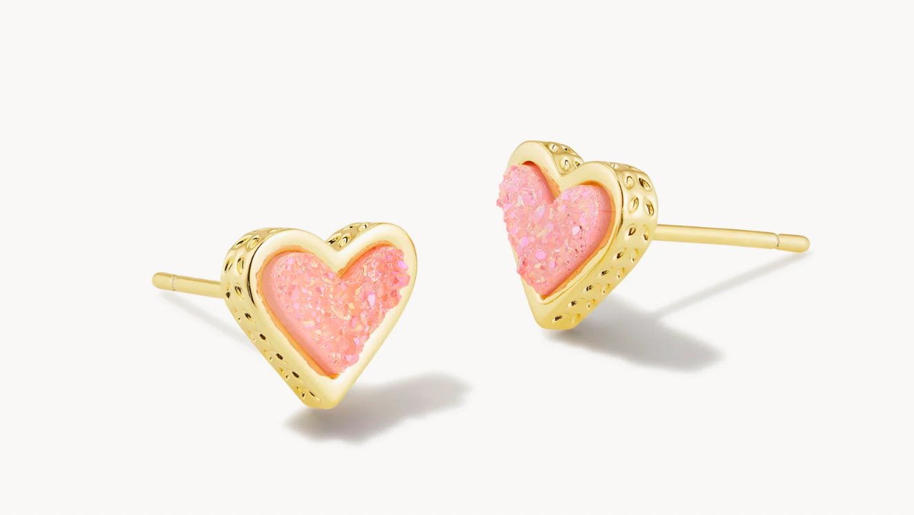 Kendra Scott Framed Ari Heart Gold Stud Earrings in Light Pink Drusy