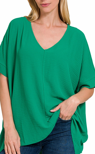 Textured Woven Oversized V-Neck Dolman Blouse