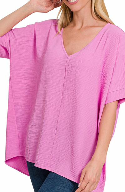 Textured Woven Oversized V-Neck Dolman Blouse