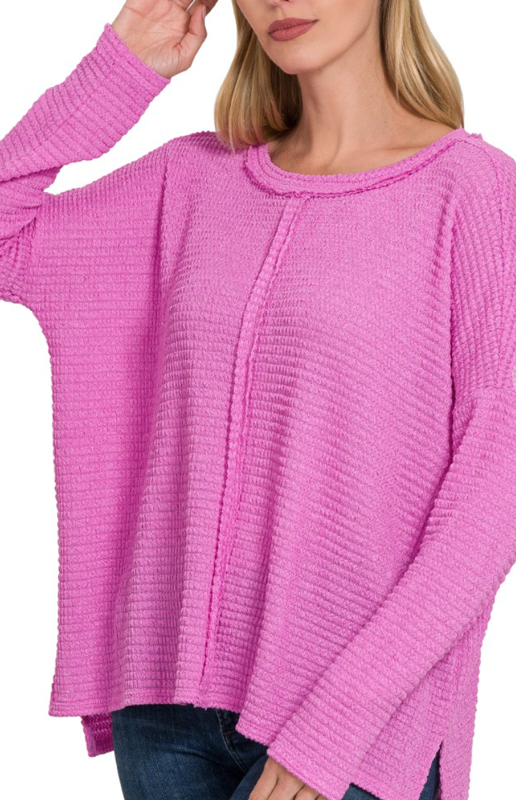 Oversized Raw Seam Long Sleeve Waffle Top