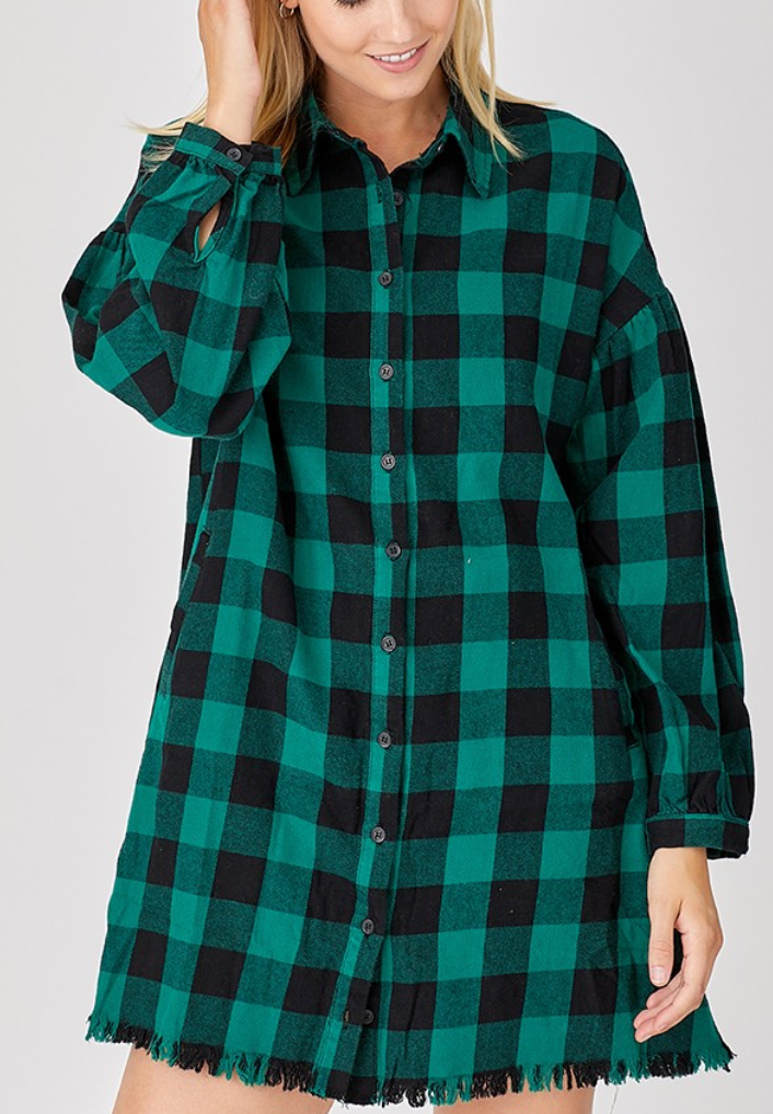 Green Oversized Plaid Shirt Dress