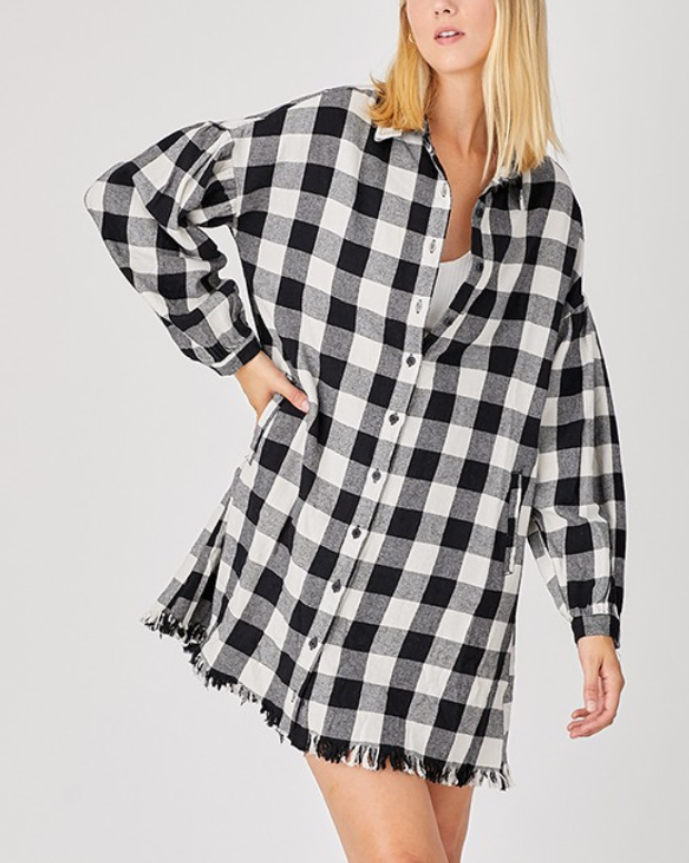 Black Oversized Plaid Shirt Dress