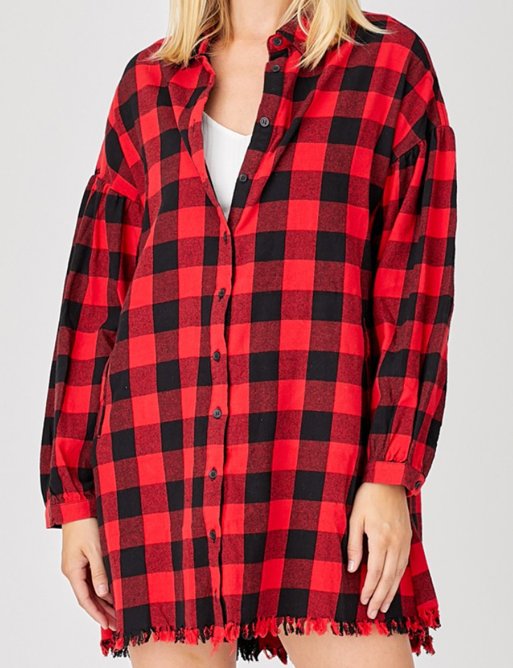 Red Oversized Plaid Shirt Dress