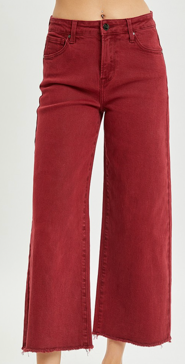 Risen Wine High Rise Tummy Control Wide Leg Jeans