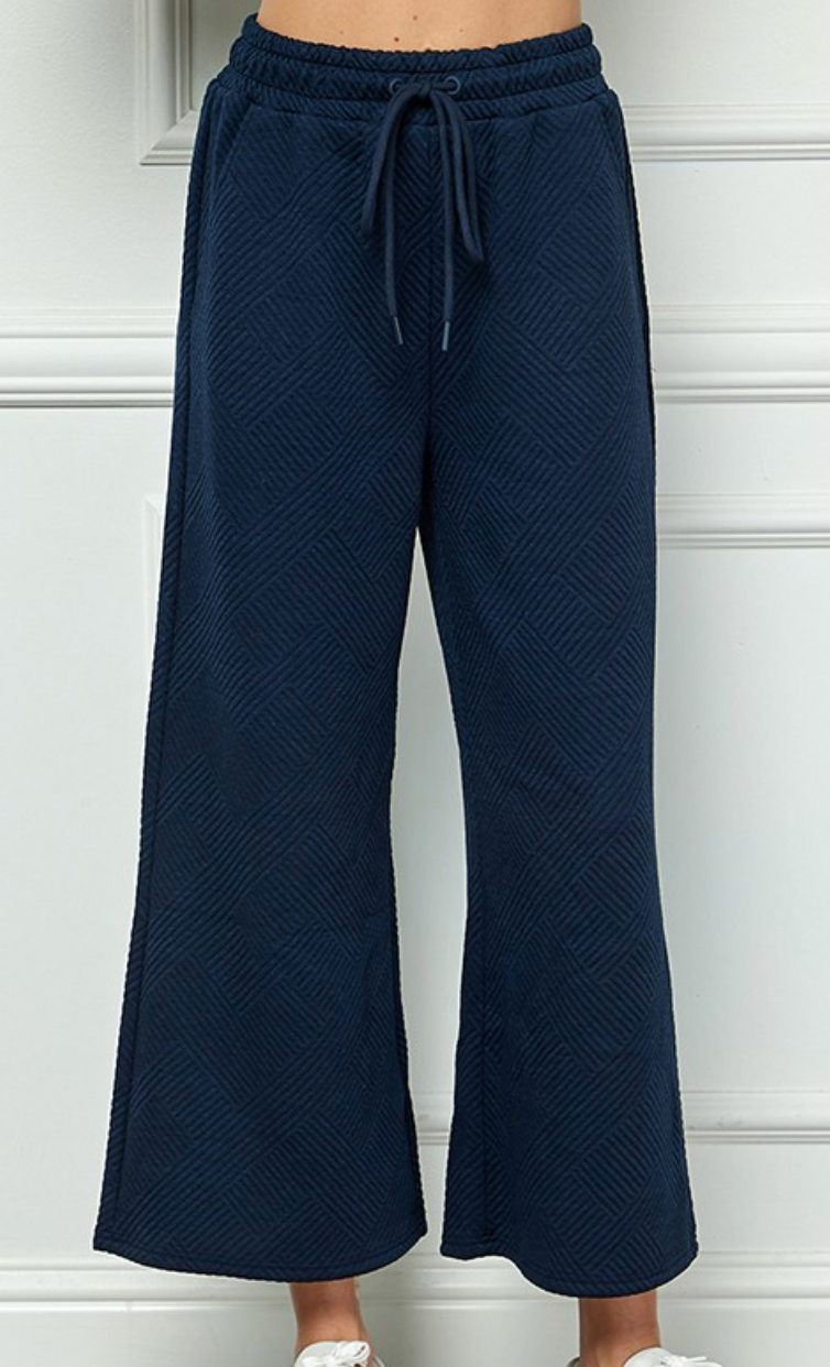 Navy Textured Cropped Wide Leg Pants