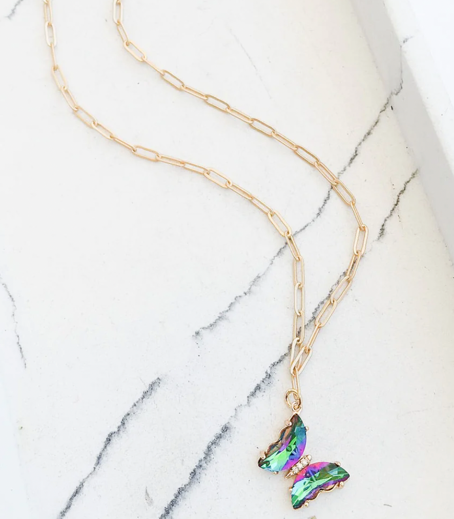 Virtue Jewelry Gold Paperclip Green Mix Iridescent Butterfly Necklace