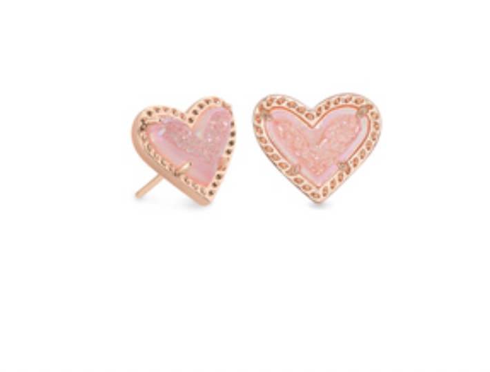 Kendra Scott Rose Gold Ari Heart Stud Earrings in Pink Drusy