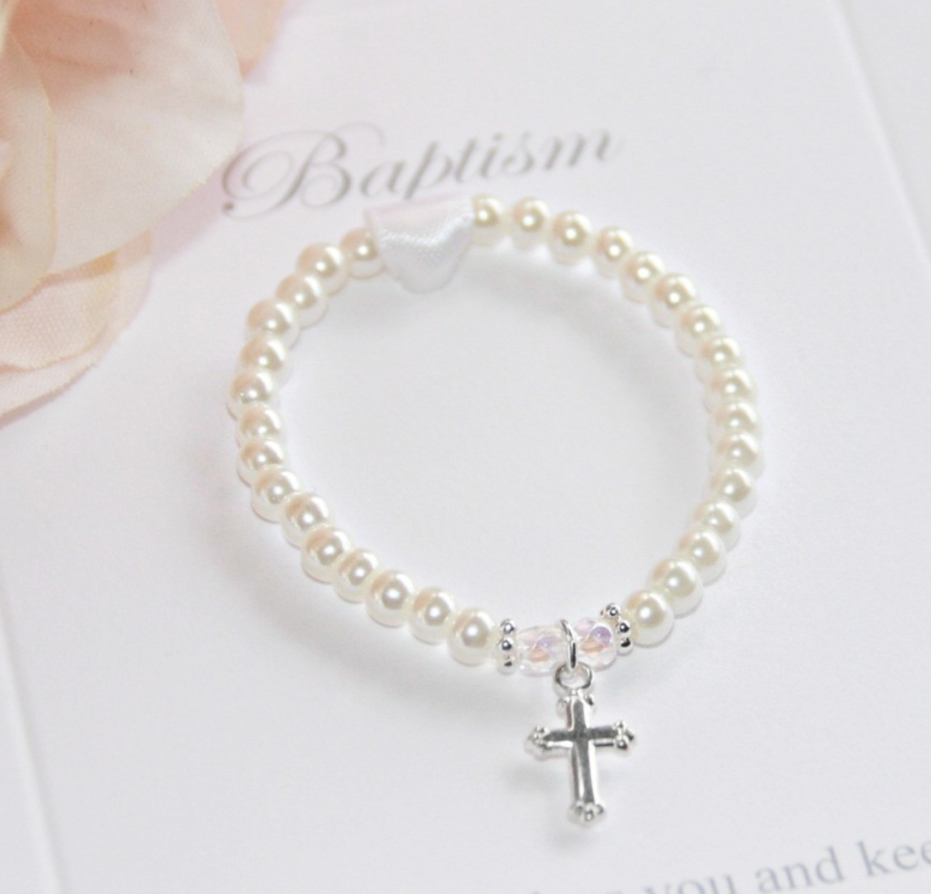 Baptism Cross Pearl Bracelet - 4"