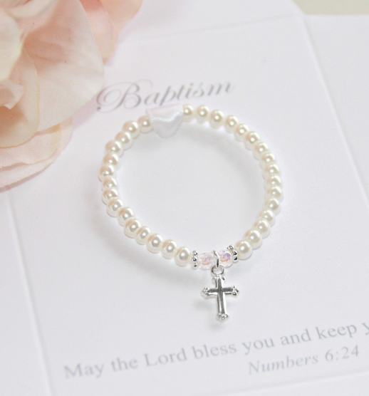 Baptism Cross Pearl Bracelet - 4.5"