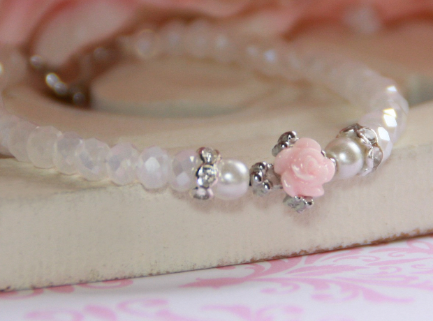 Pink Rose and Cross Detail Crystal Bracelet