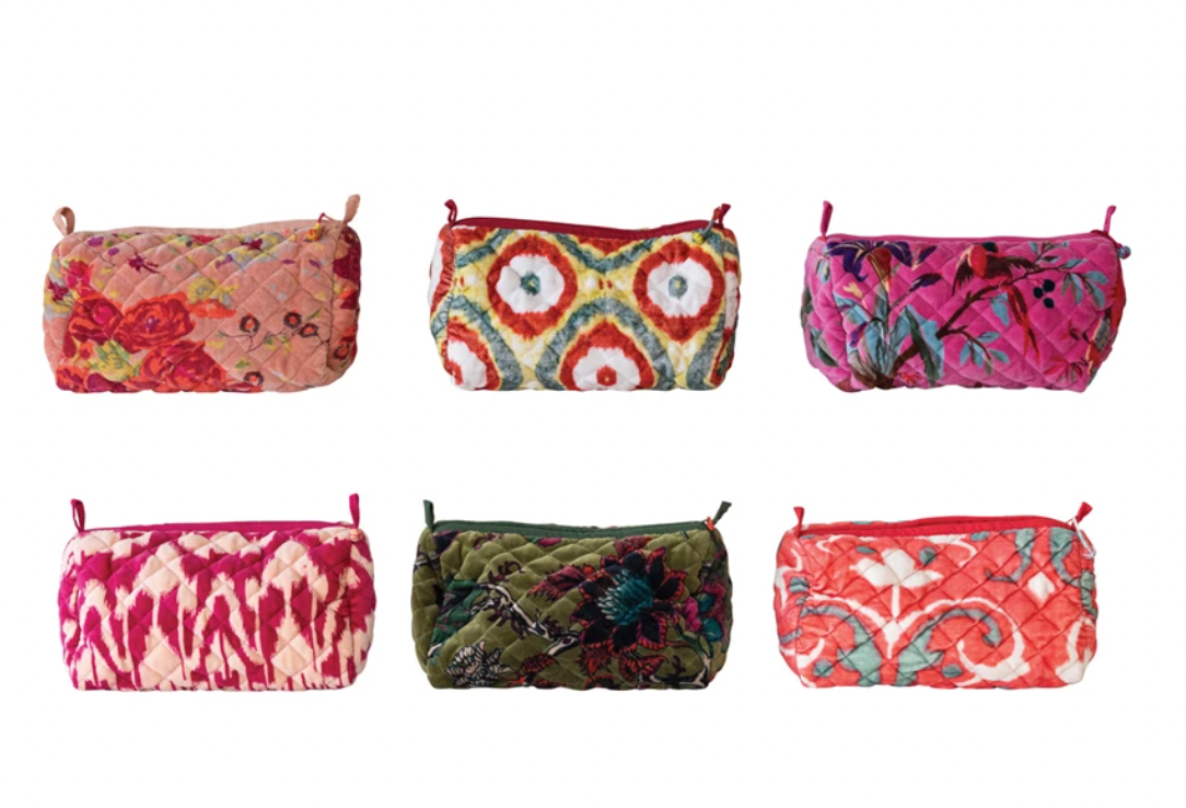 Quilted Velvet Printed Zip Pouch (Assorted)