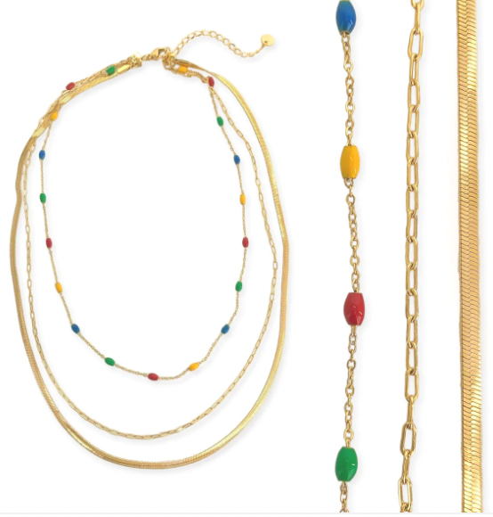 Gold Multicolor Crystal Triple Chain Necklace