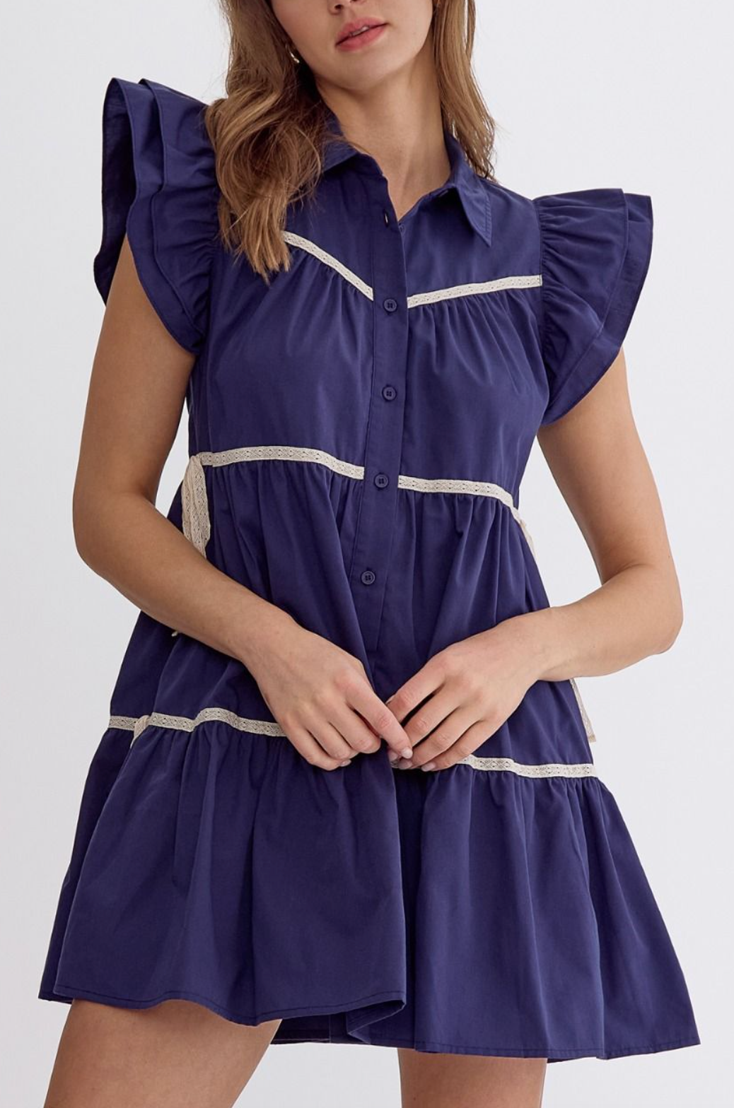 Navy Tiered Flutter Sleeve Button Down Dress