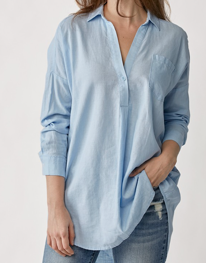 Blue Oversized V-Neck Linen Top