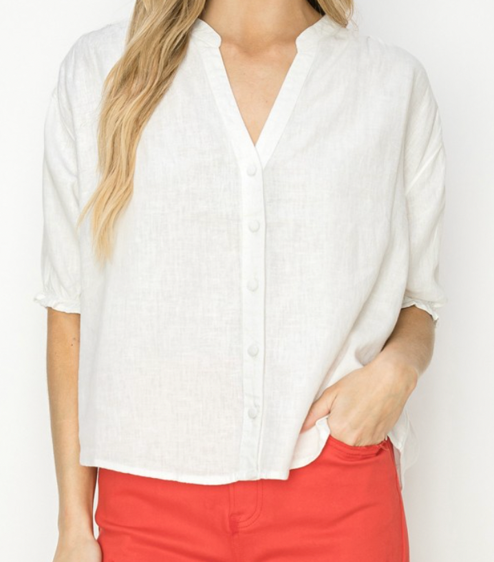 White Short Sleeve Button Down Linen Top