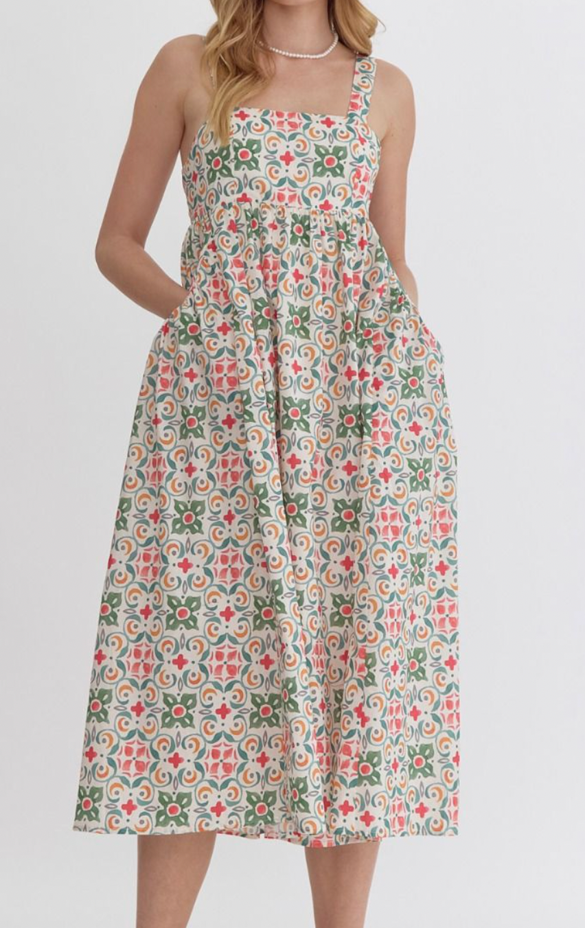 Green Printed Sleeveless Square Neck Midi Dress