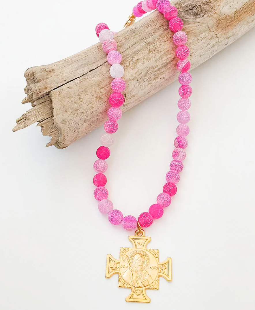 Virtue Jewelry Pink Frost Gemstone St Ben Necklace