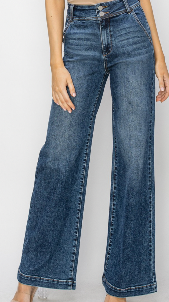 Risen Dark Wash High Rise Double Button Wide Leg Jeans