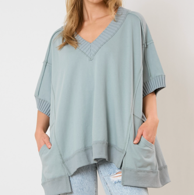 Dusty Mint Raw Edge V-Neck Oversized Pocket Top