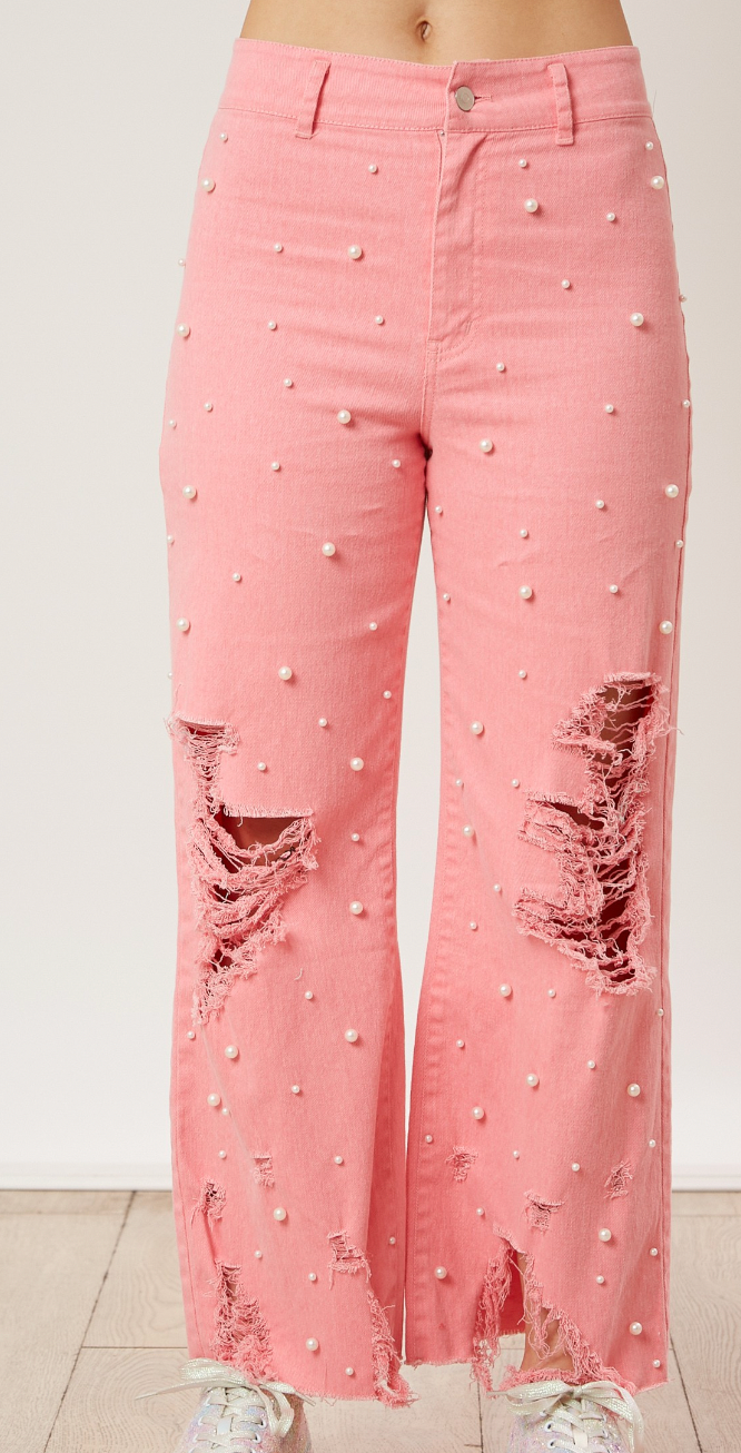 Pink Pearl Detail Distressed Straight Leg Jeans