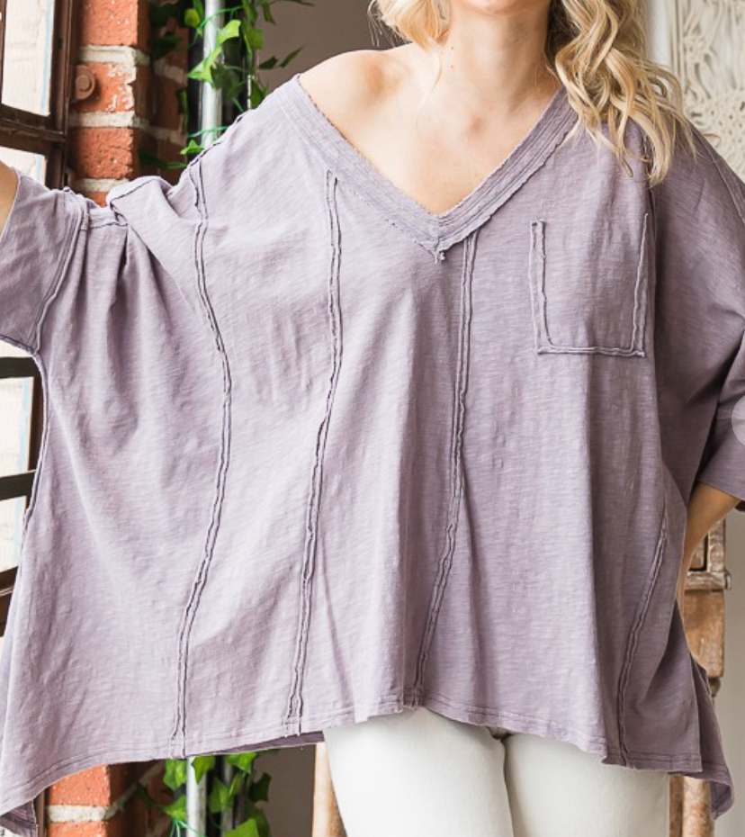 Lavender Mineral Washed Oversized V-Neck Top