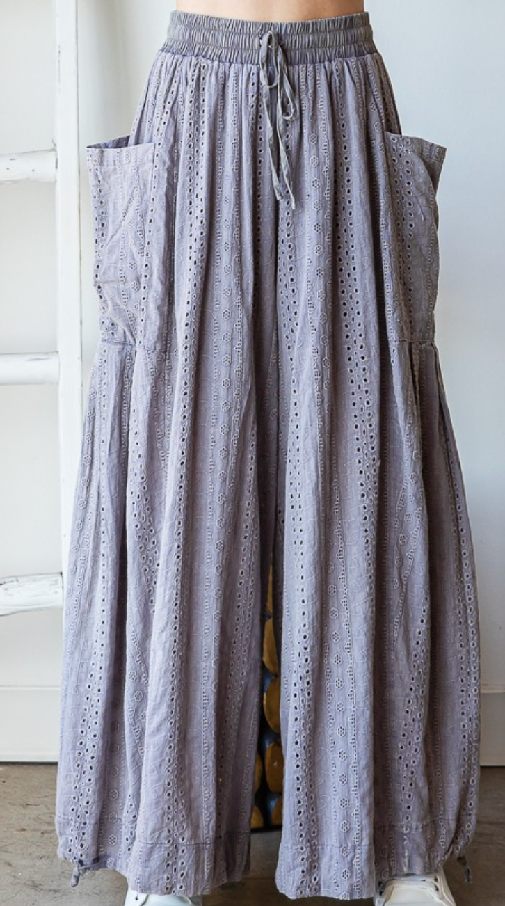 Lavender Mineral Washed Eyelet Wide Leg Pants