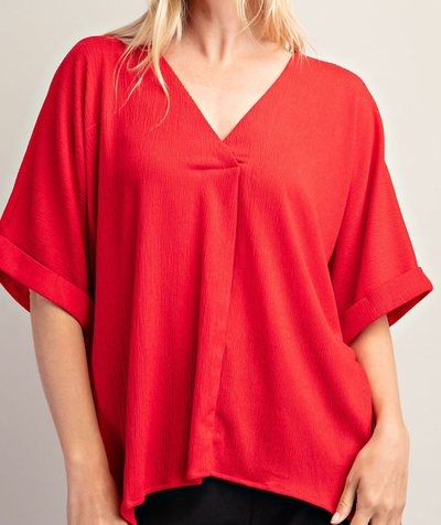 Red Textured Notch Neck Cuff Sleeve Oversized Blouse