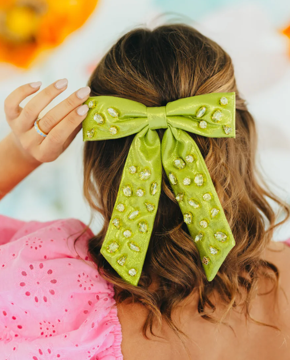 Brianna Cannon Shimmer Bow Barrette with Hand Sewn Crystals in Green