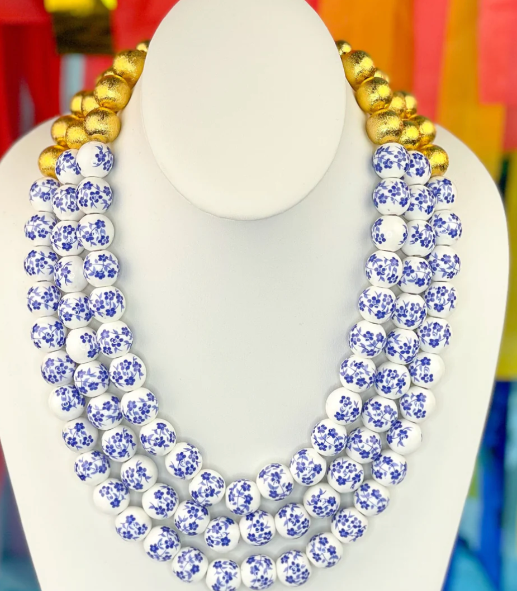 Brianna Cannon 3 Strand Blue and White Floral Beaded Brianna Necklace